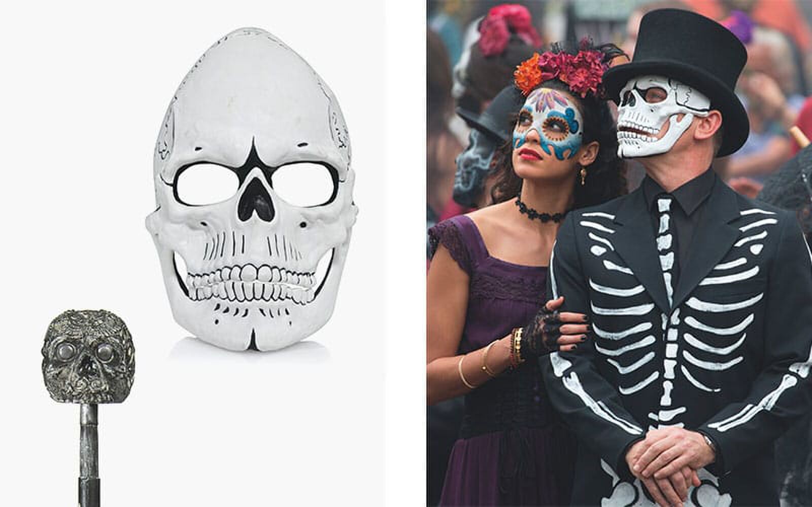 Dag van de Doden Costume James Bond's gedragen door Daniel Craig. Zwart geklede jas met een witte hand beschilderd botten, maat IT38; schedel masker met elastische bevestiging; zwarte leren handschoenen, maat M; zwarte hoge hoed, 100% wol met grosgrainlint hoed band 'Jaxton Victoriaans', maat 7 5/8 "(61 cm.); schedel stok. Schatting: £ 12,000-18,000. Deze kavel is aangeboden in James Bond Spectre: de veiling op 18 februari bij Christie's in Londen