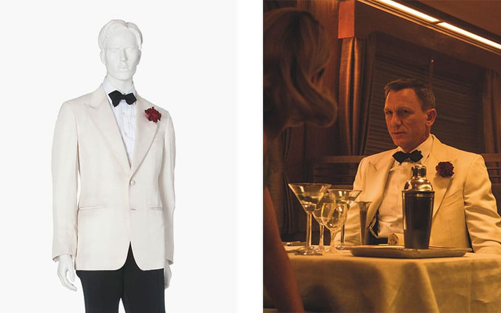 Een tweedelige diner pak van Tom Ford, gedragen door Daniel Craig als James Bond. Een enkele breasted crème zijde mix smoking met het label Made in Switzerland, met verdere label om binnenzak geborduurd Tom Ford, Daniel Craig, Bond 24. Schatting: £ 20.000-30.000. Deze kavel is aangeboden in James Bond Spectre: de veiling op 18 februari bij Christie's in Londen