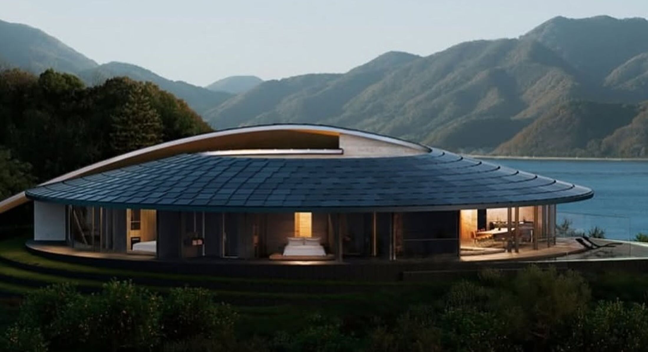 Buitenaanzicht van de futuristische villa in Japan