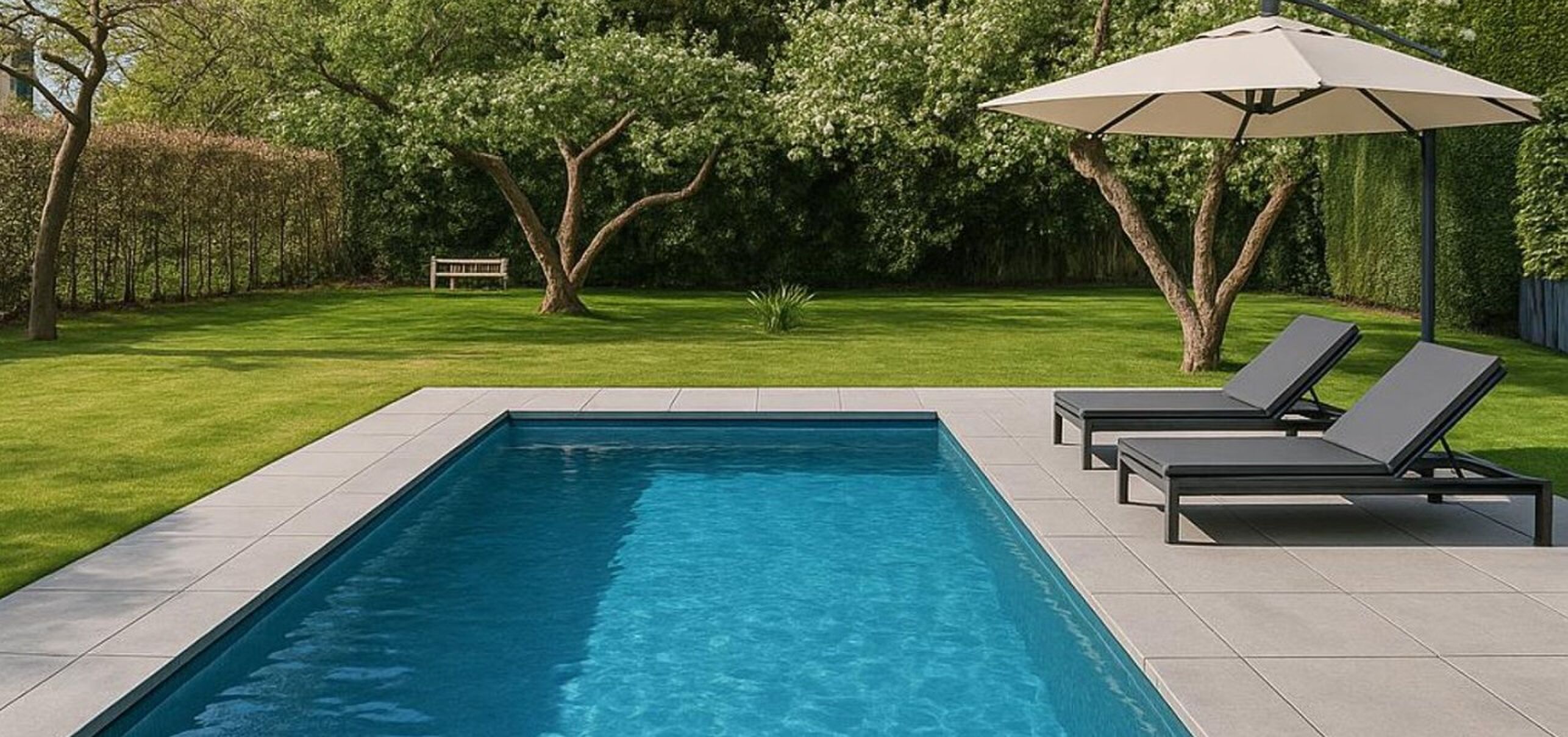 Het zwembad in de achtertuin van de woning van Henk Temming in Amstelveen