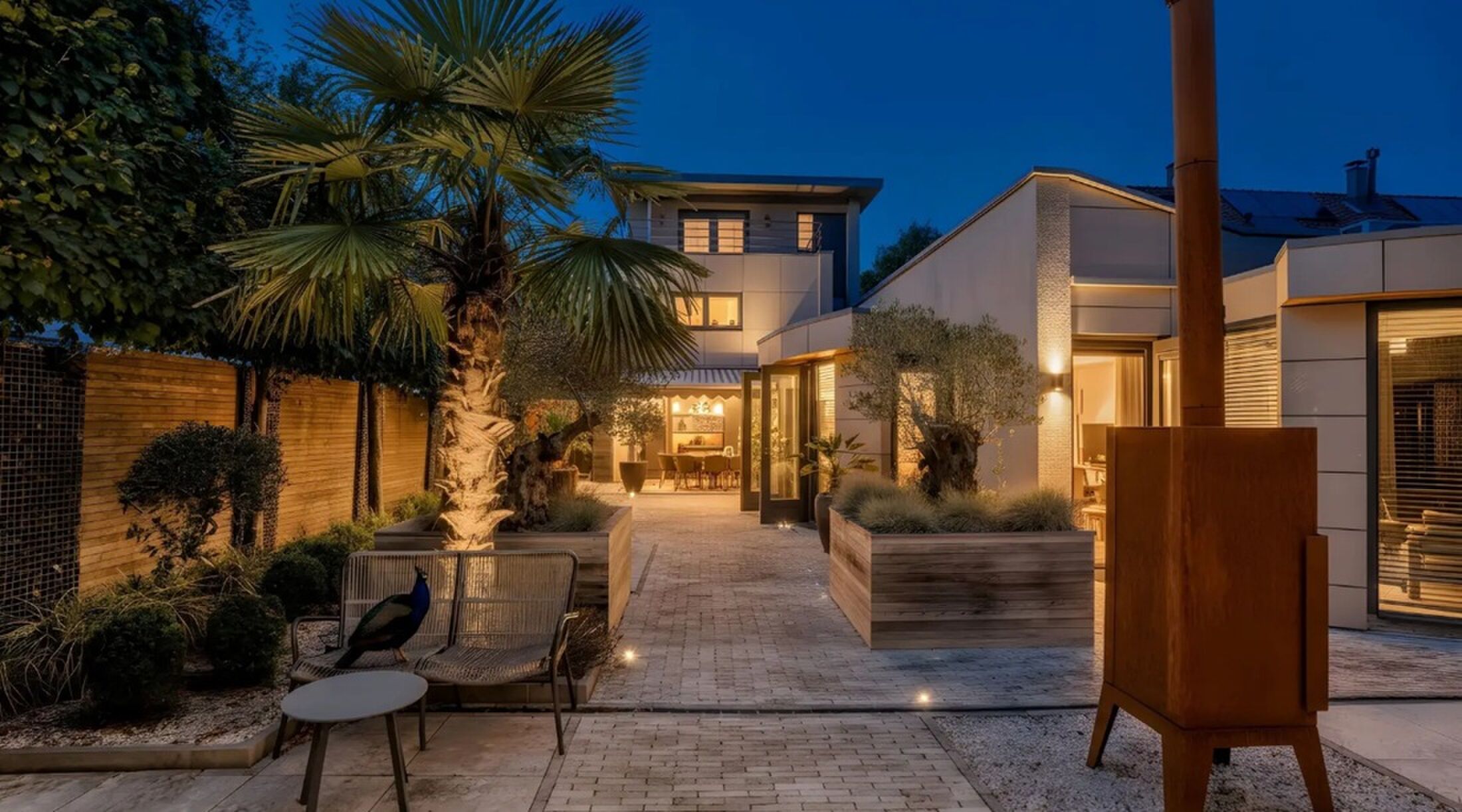 De achterzijde van de kitscherige villa