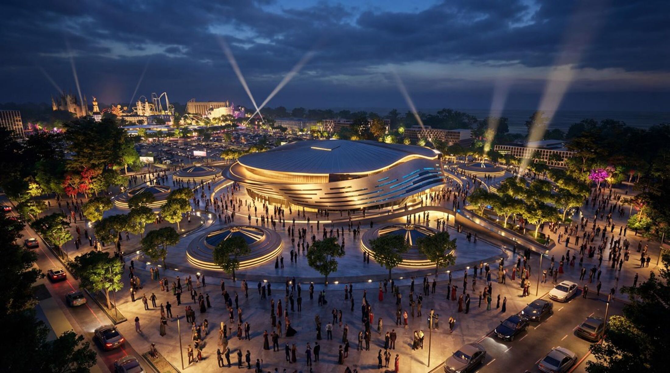 Een bovenaanzicht van hoe pretpark Dracula Land eruit komt te zien