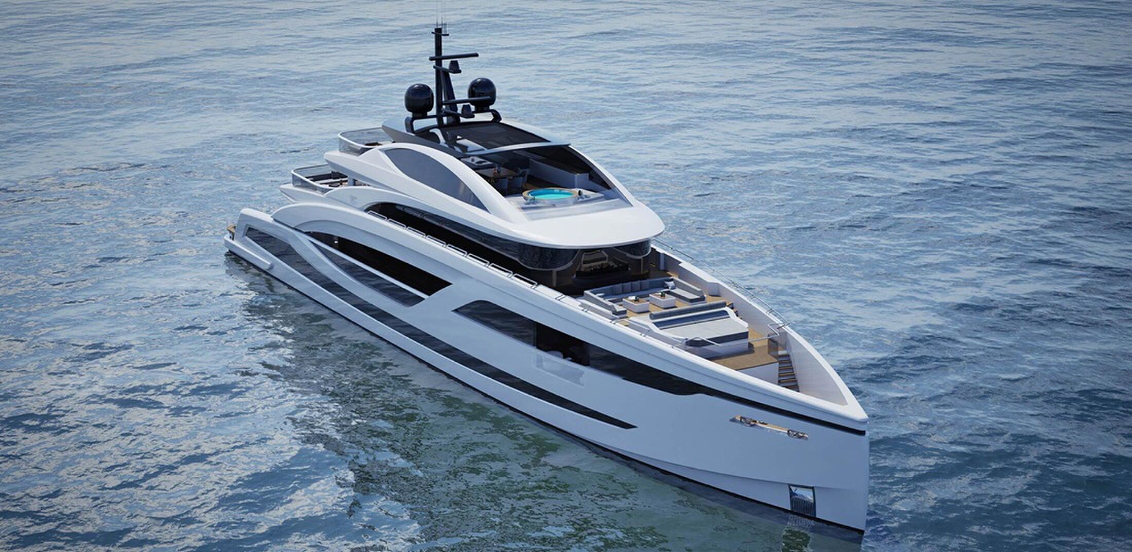 De voorkant van het superjacht met twee zwembaden