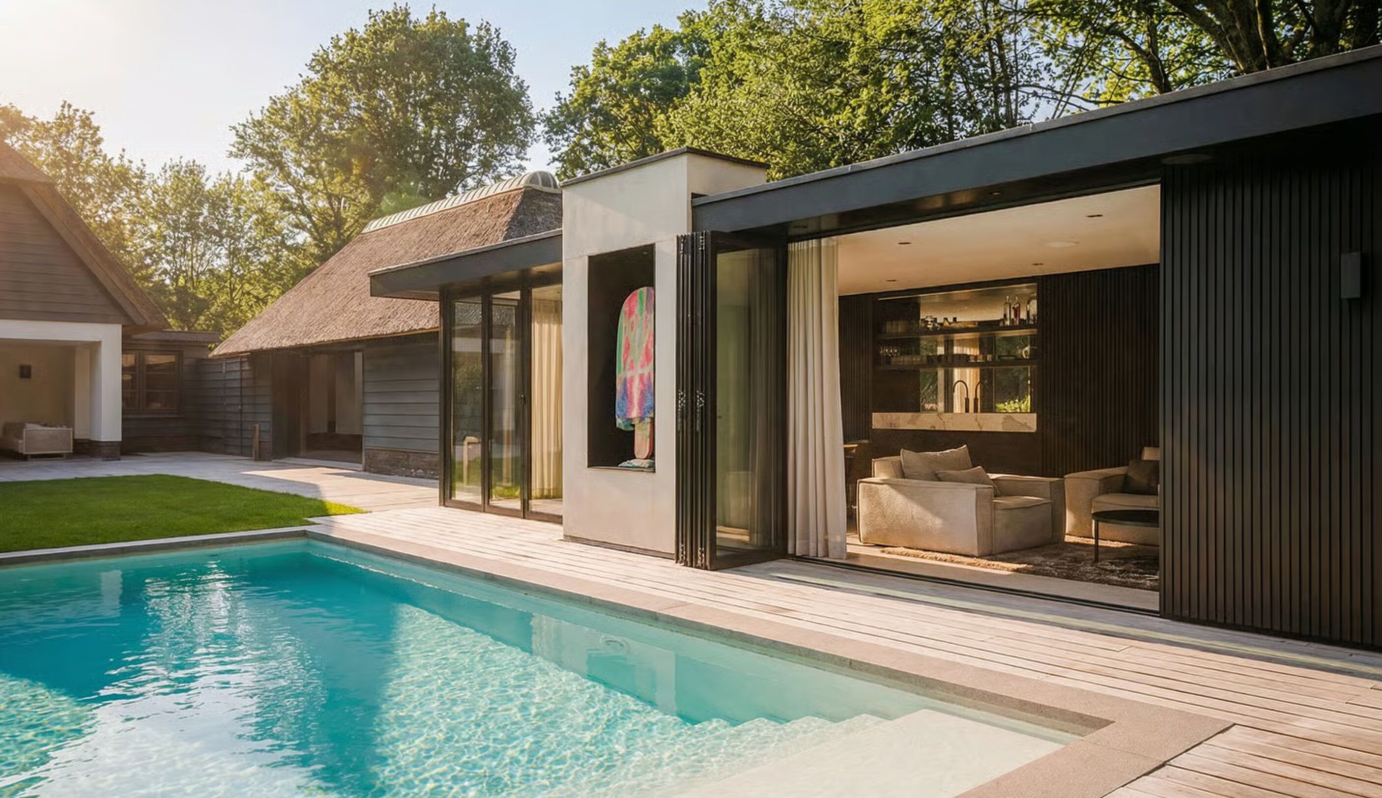 Het poolhouse en het zwembad van de villa van Michael van Beers in Blaricum