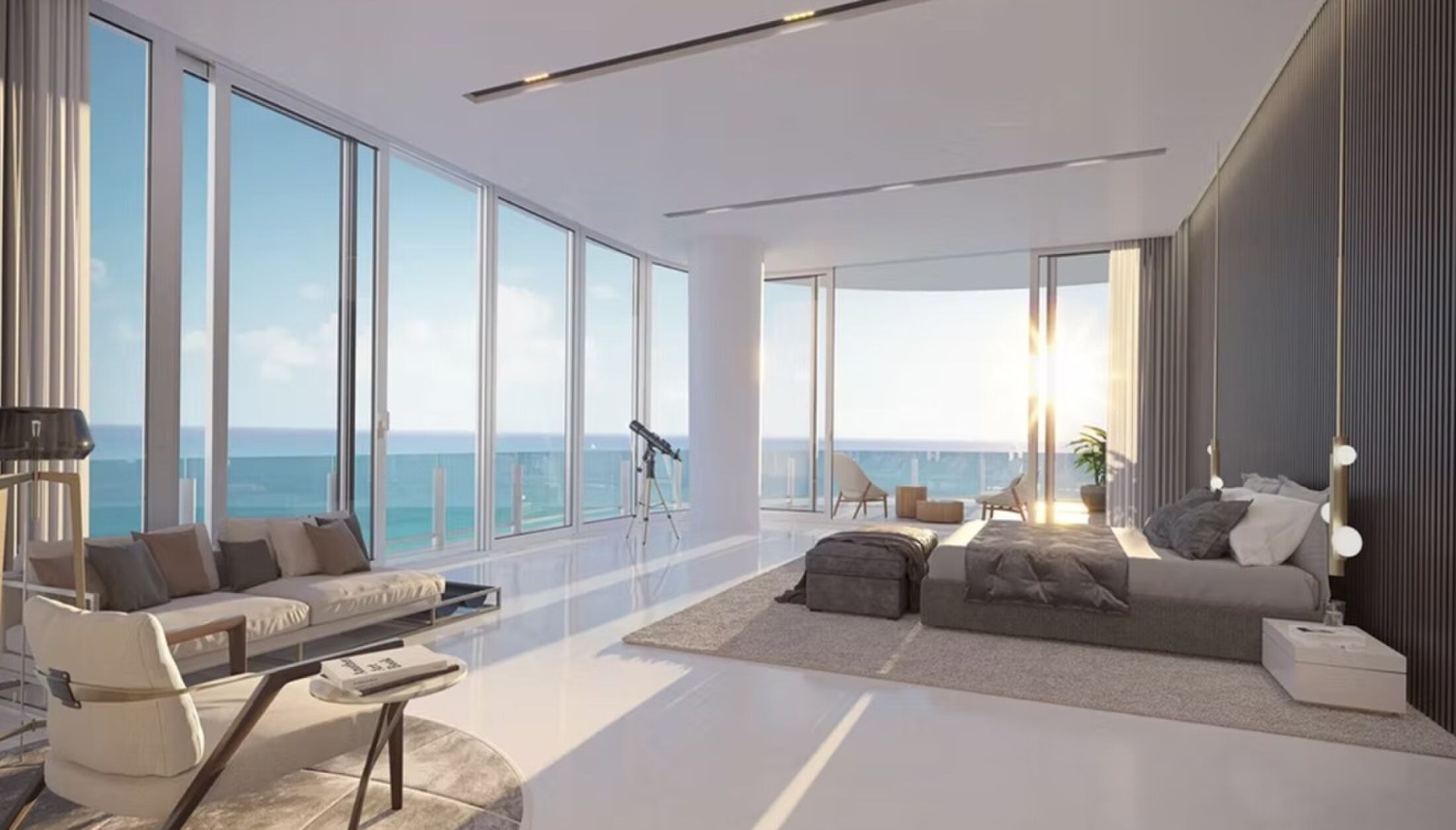 Eén van de slaapkamers in het penthouse in de Aston Martin Residences