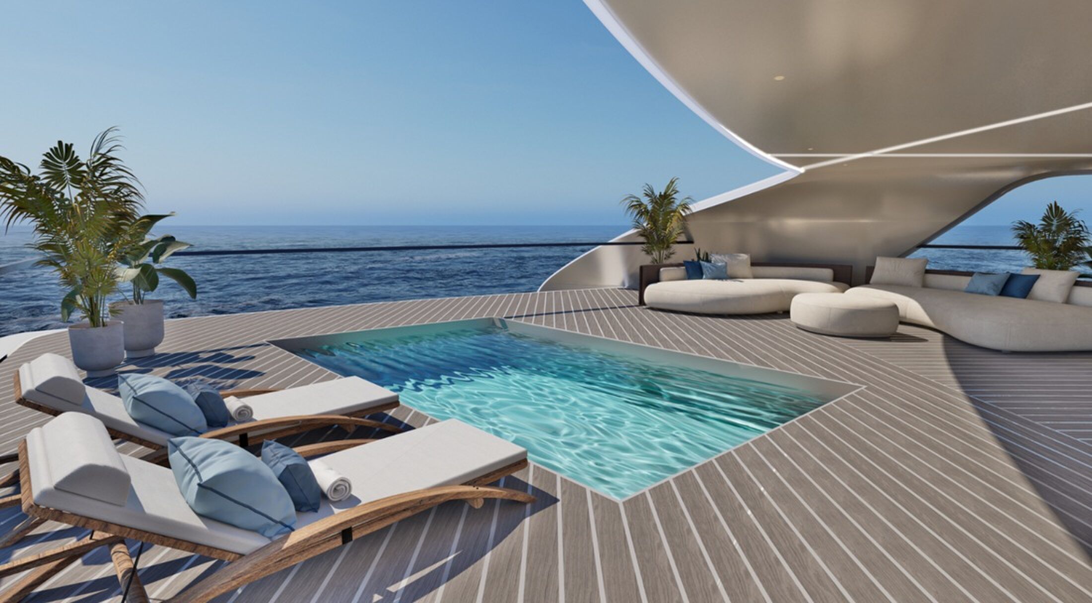 Het zwembad van het catamaranconcept van Royal Huisman