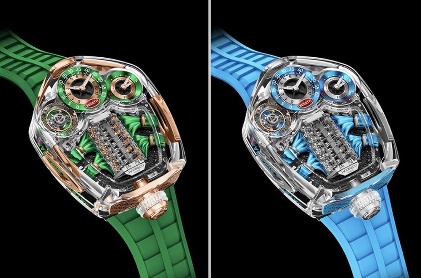 Het Jacob & Co. Bugatti-horloge in het groen en blauw van voren