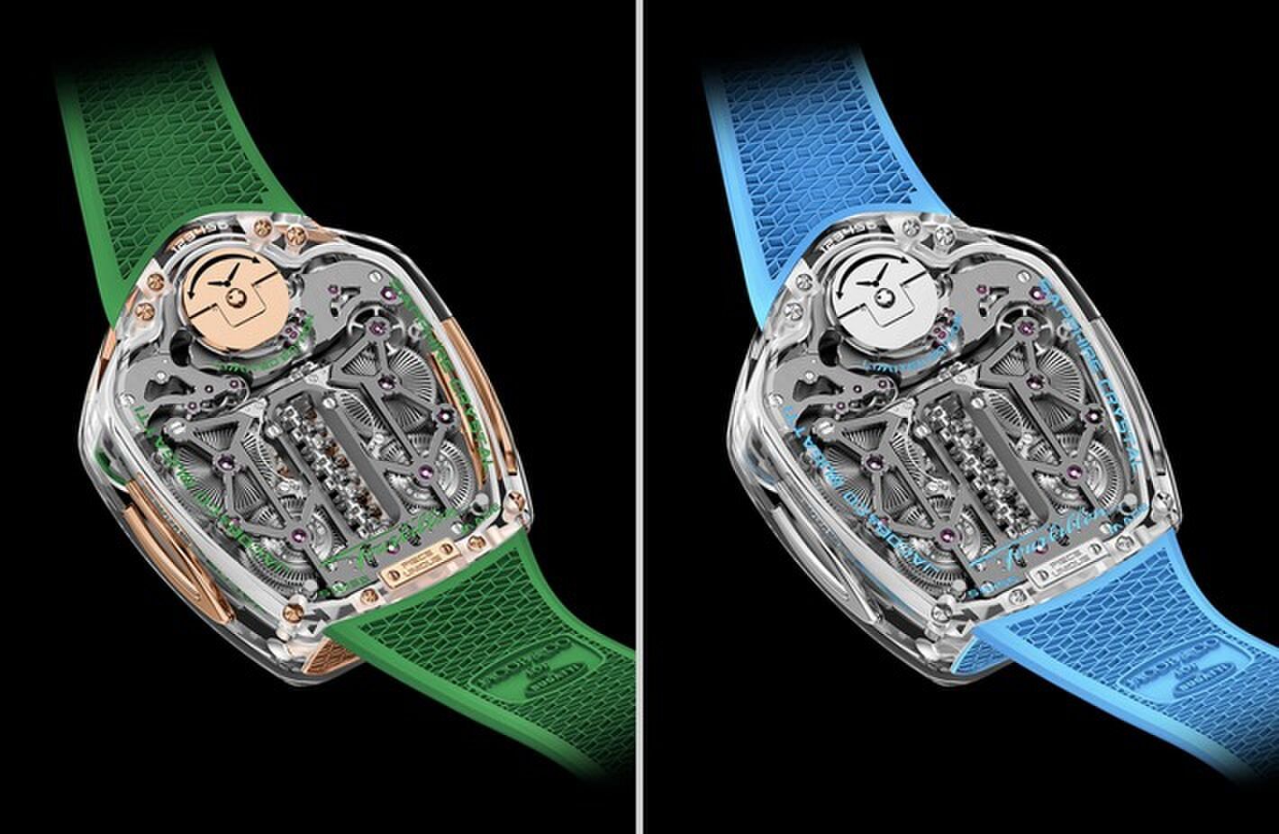 Het Jacob & Co. Bugatti-horloge in het groen en blauw van achter