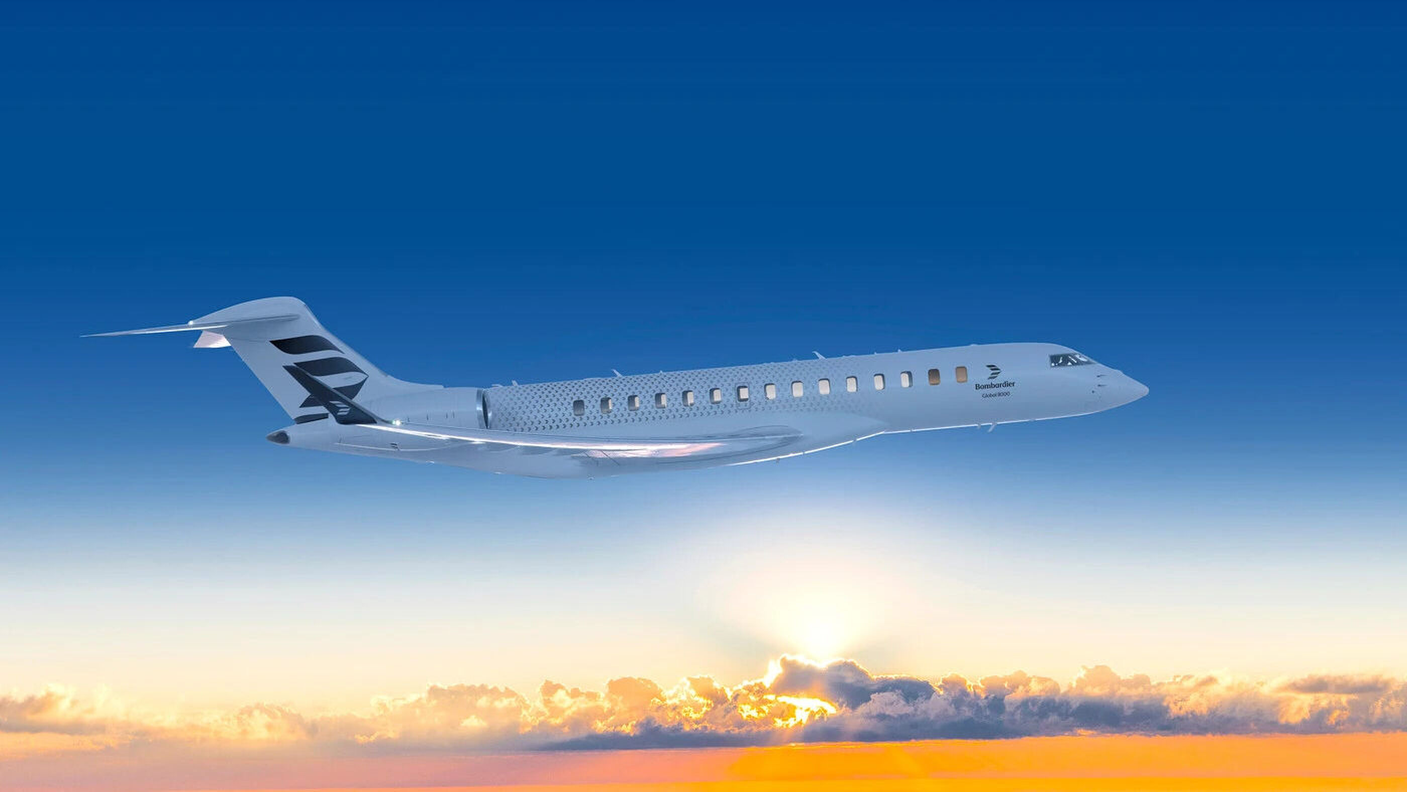 De zijkant van de Bombardier Global 8000 in de lucht