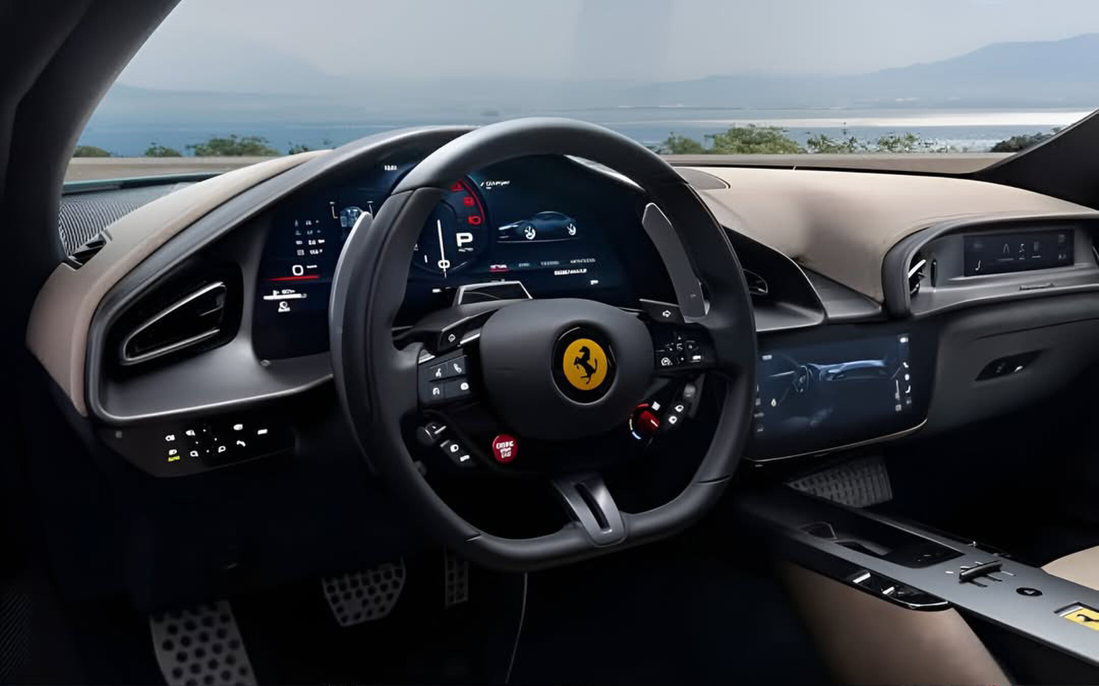 Het interieur van een wagen van Ferrari