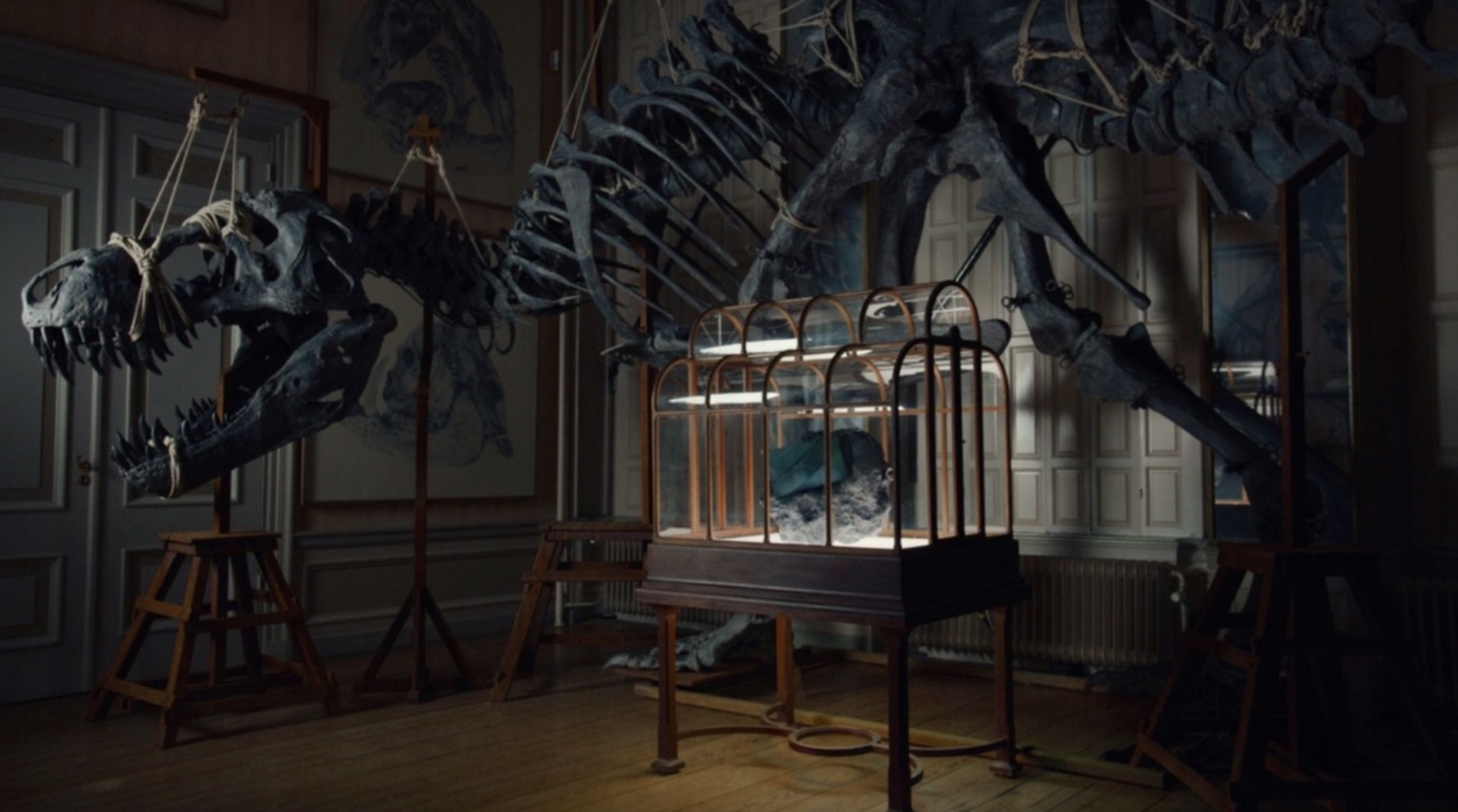 De van dinosaurusleer vervaardigde tas in het Art Zoo Museum in Amsterdam