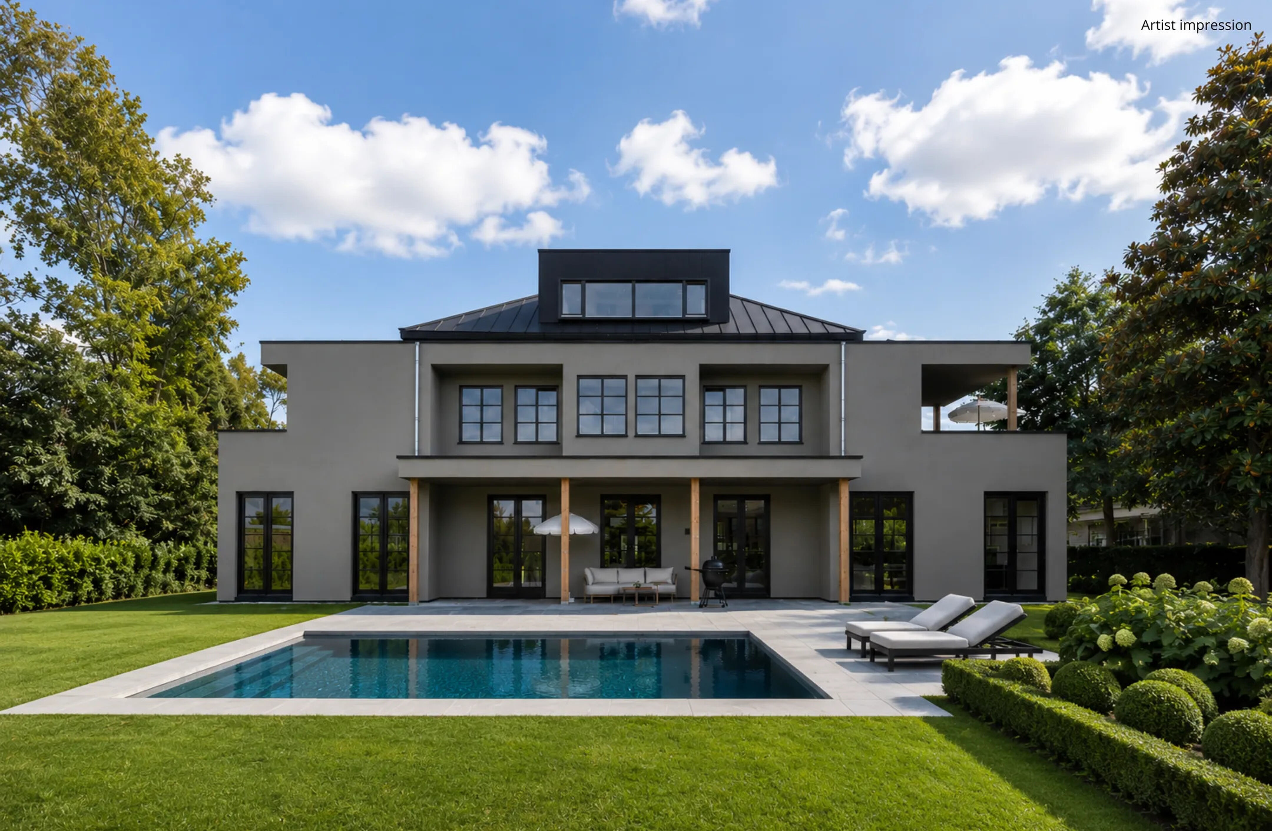 Een impressie van hoe het huis aan de Pauluslaan in Noordwijk kan zijn met buitenzwembad