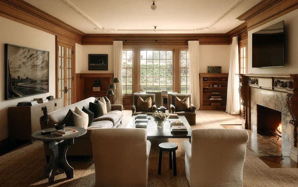 De woonkamer in de Arden Villa in Pasadena