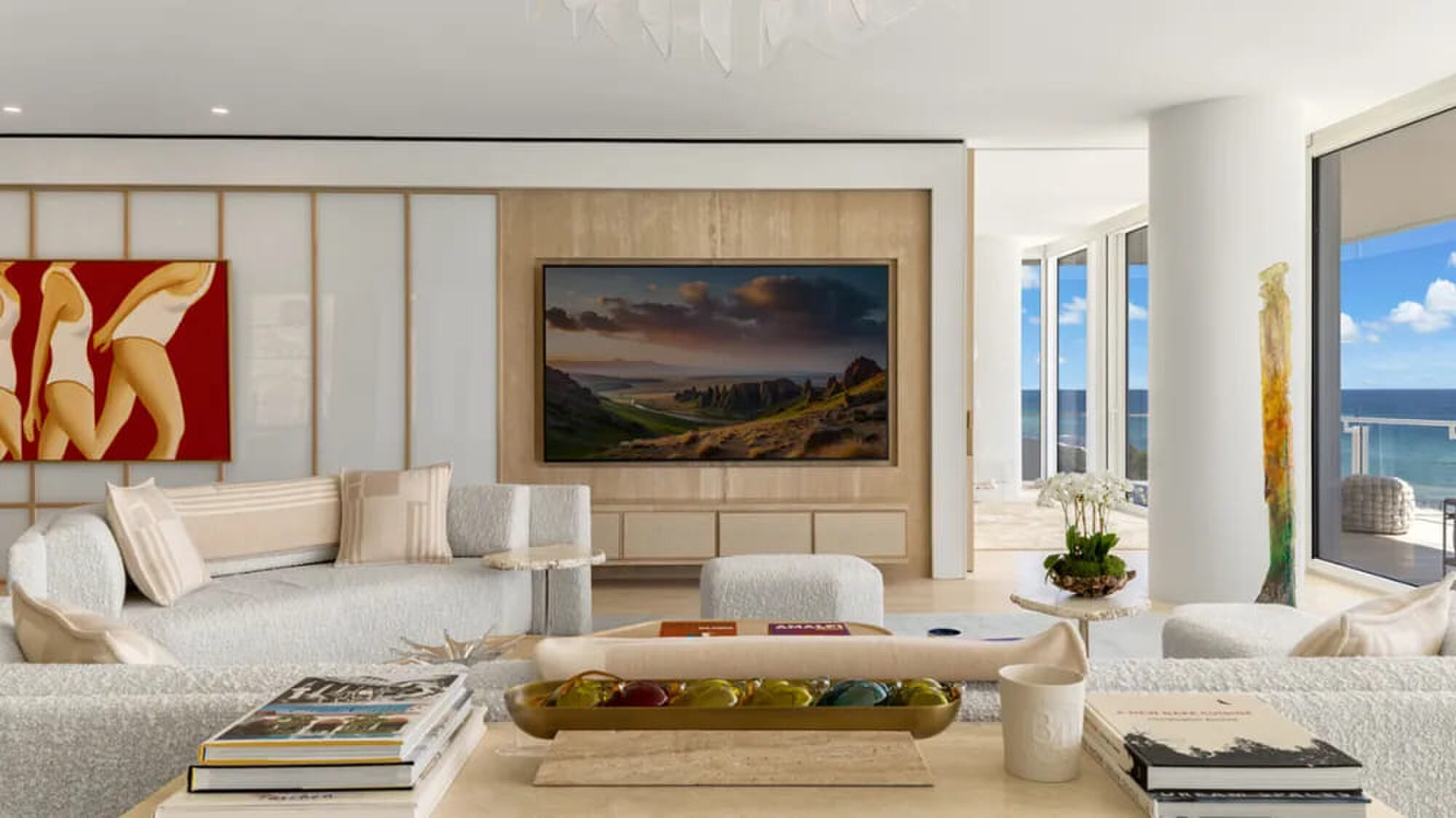 De woonkamer in het Four Seasons Surf Club Miami-appartement