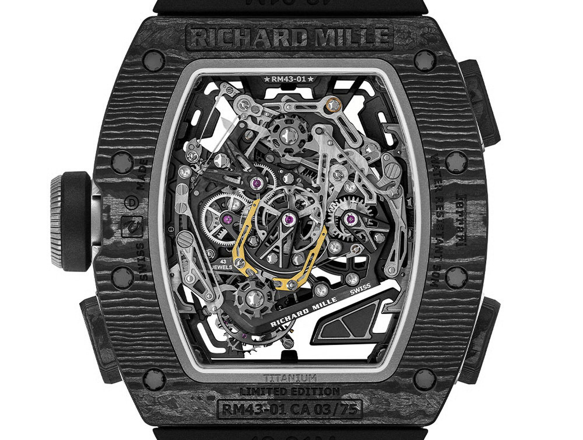 De RM 43-01 Manual Winding Tourbillon Split-Seconds Chronograph Ferrari die Lewis Hamilton droeg