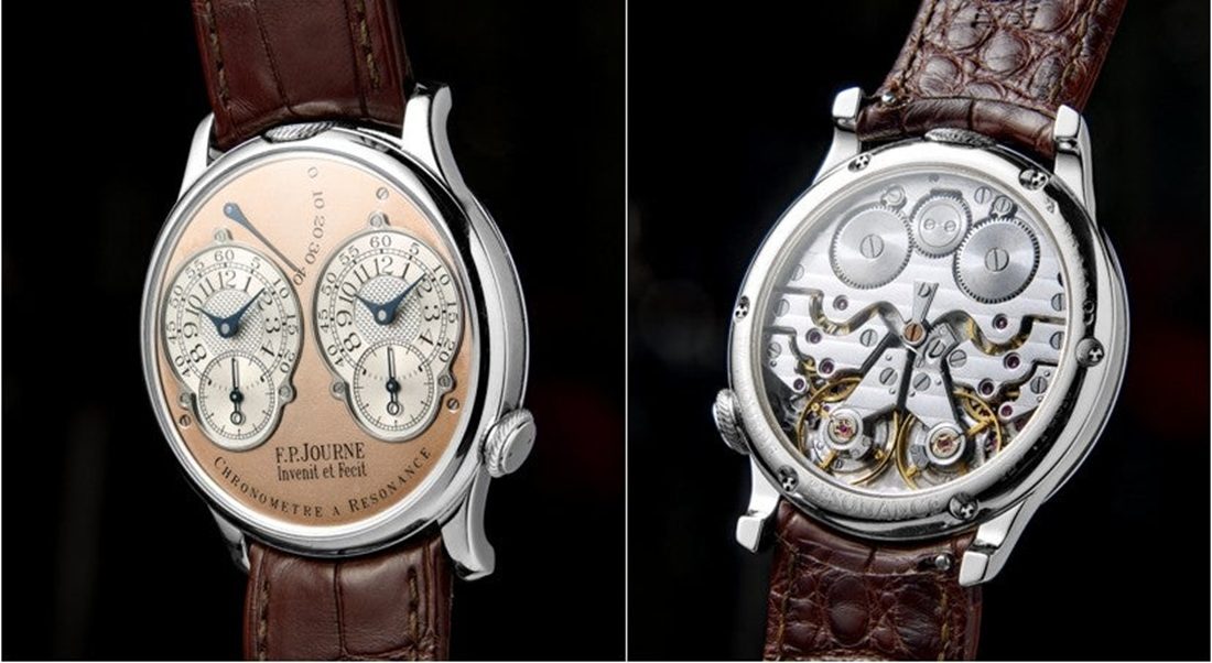 De voor- en achterzijde van het door F.P. Journe gemaakte horloge