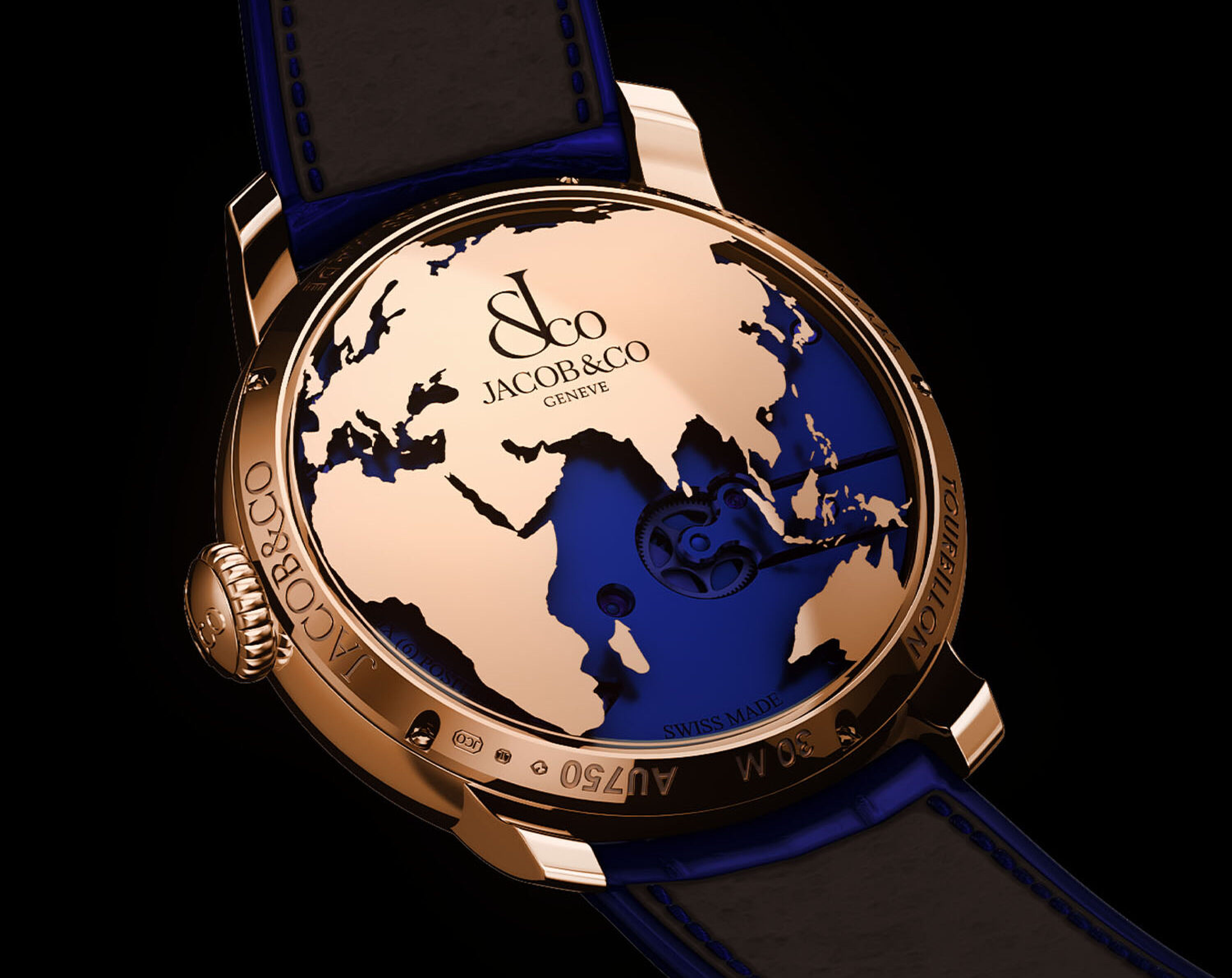 Een detailshot van de Jacob & Co. The World Is Yours Dual Time Zone Tourbillon