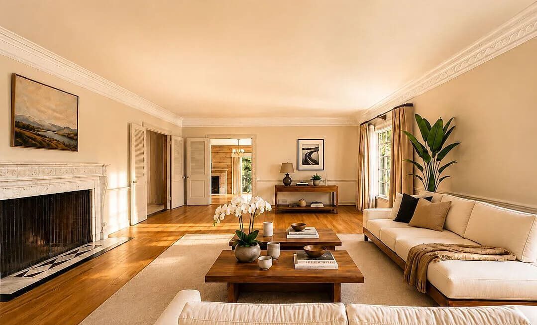 De woonkamer in de villa van Pat Boone in Beverly Hills