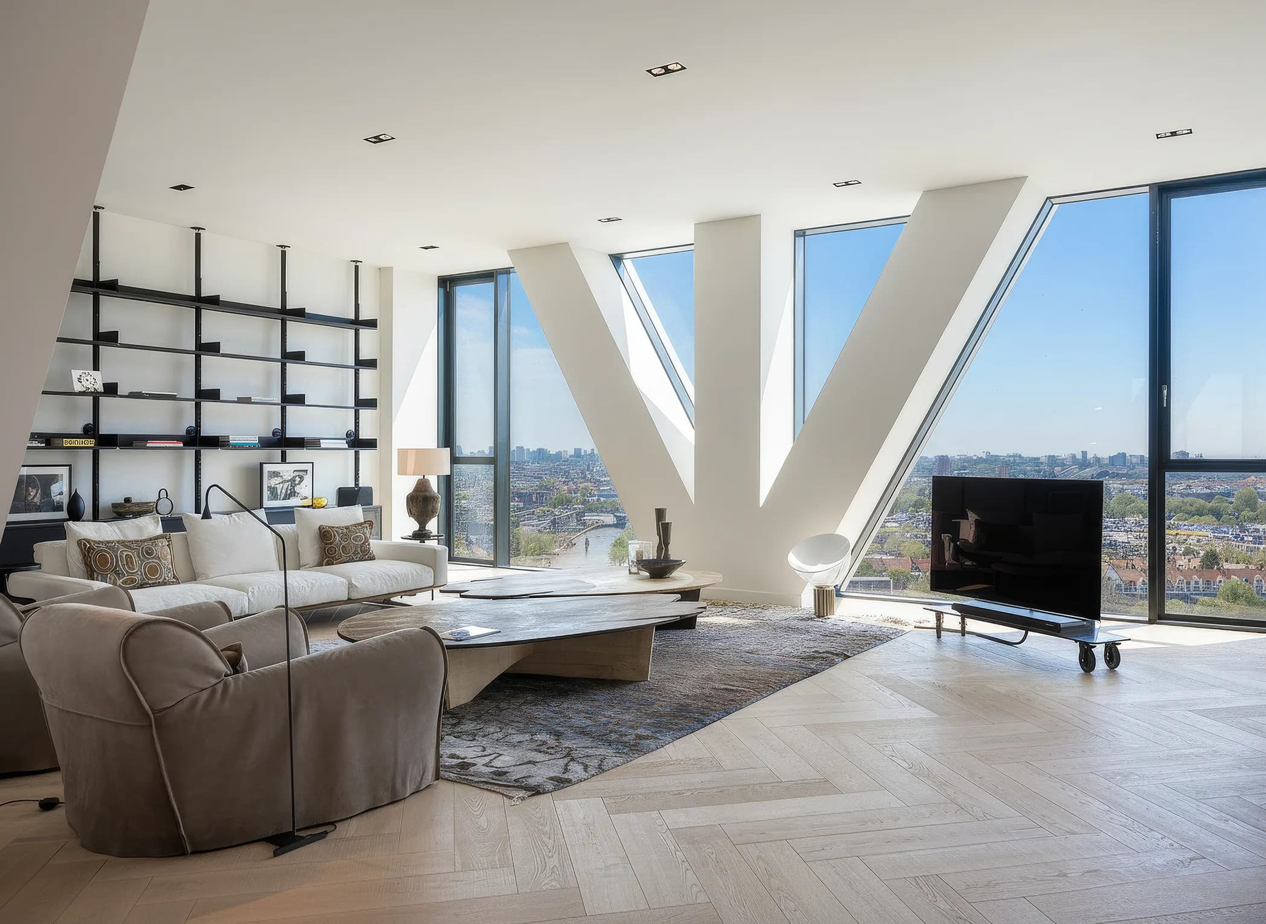 De woonkamer in het appartement in Amsterdam