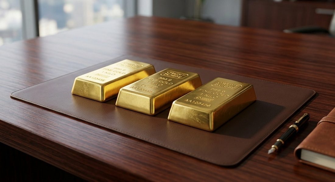 Een drietal goudstaven op een tafel
