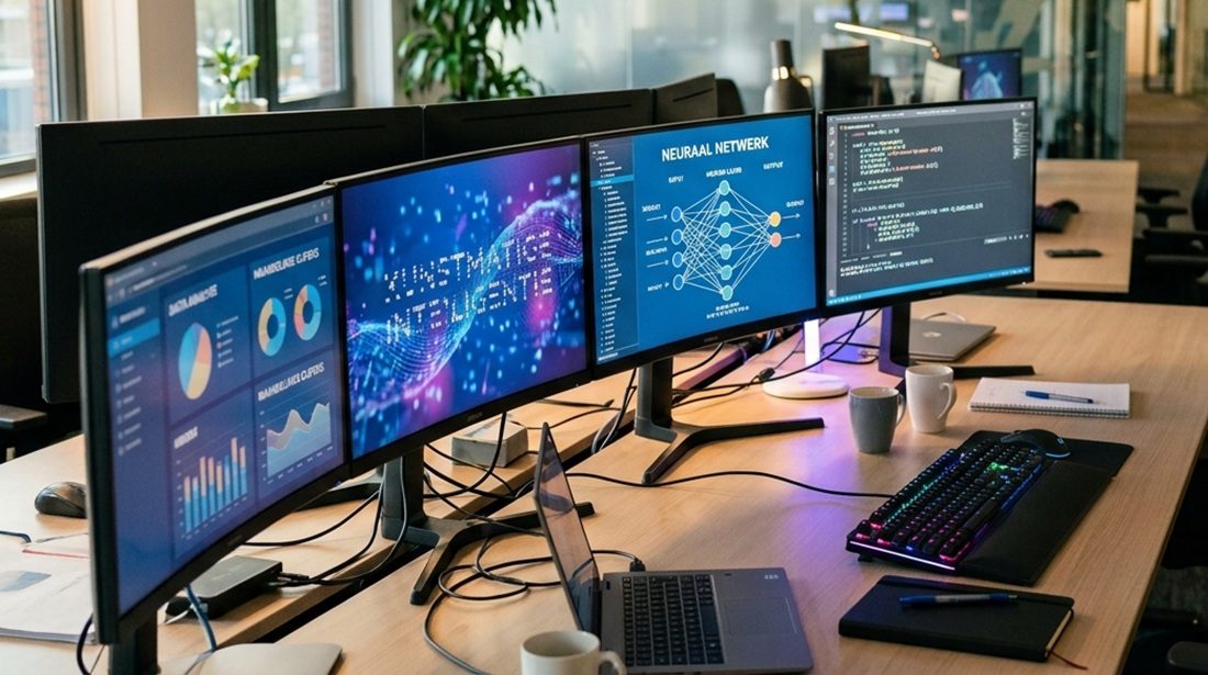 Computerschermen, die ook in het bedrijf van Pim de Witte zullen staan