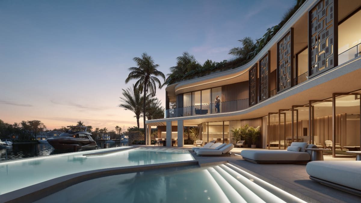 Het zwembad en een terras bij een Pininfarina-woning in Amerika