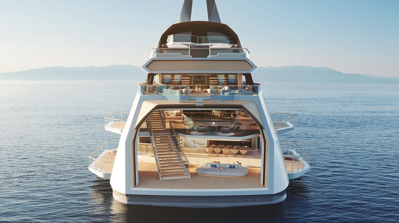 De achterzijde van Feadship Hive