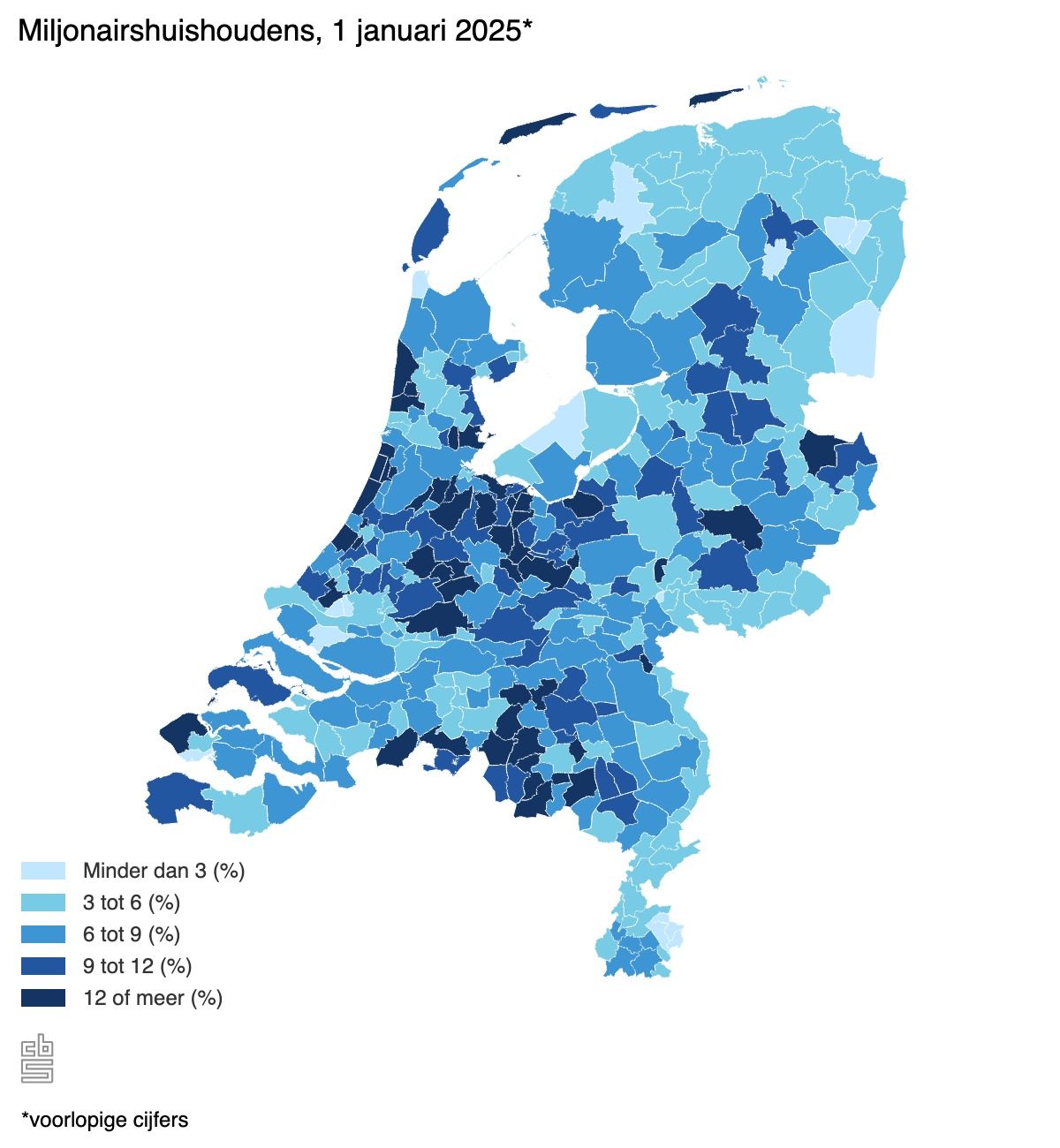 De kaart met het aantal miljonairshuishoudens in Nederland