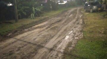 De verwoeste landweg in kwestie