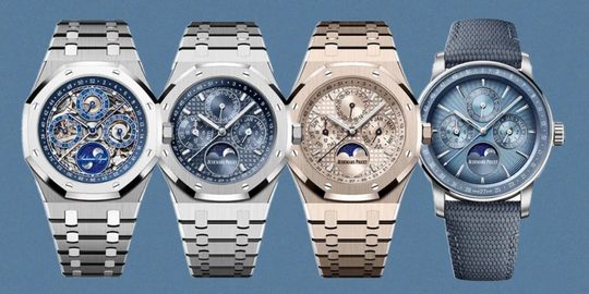 Een rij Audemars Piguet-horloges, allen voorzien van een nieuw uurwerk