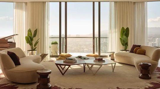 De living van het penthouse in Los Angeles